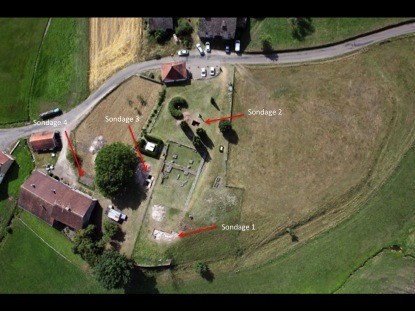 An aerial view of Annegray, showing the location of the four test trenches opened during the 2013 campaign.